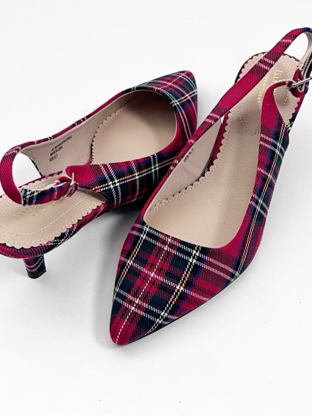 ISAAC MIZRAHI Tartan Plaid Pointy Toe Kitten Heel Slingbacks Size 8.5 Christmas - Picture 7 of 7